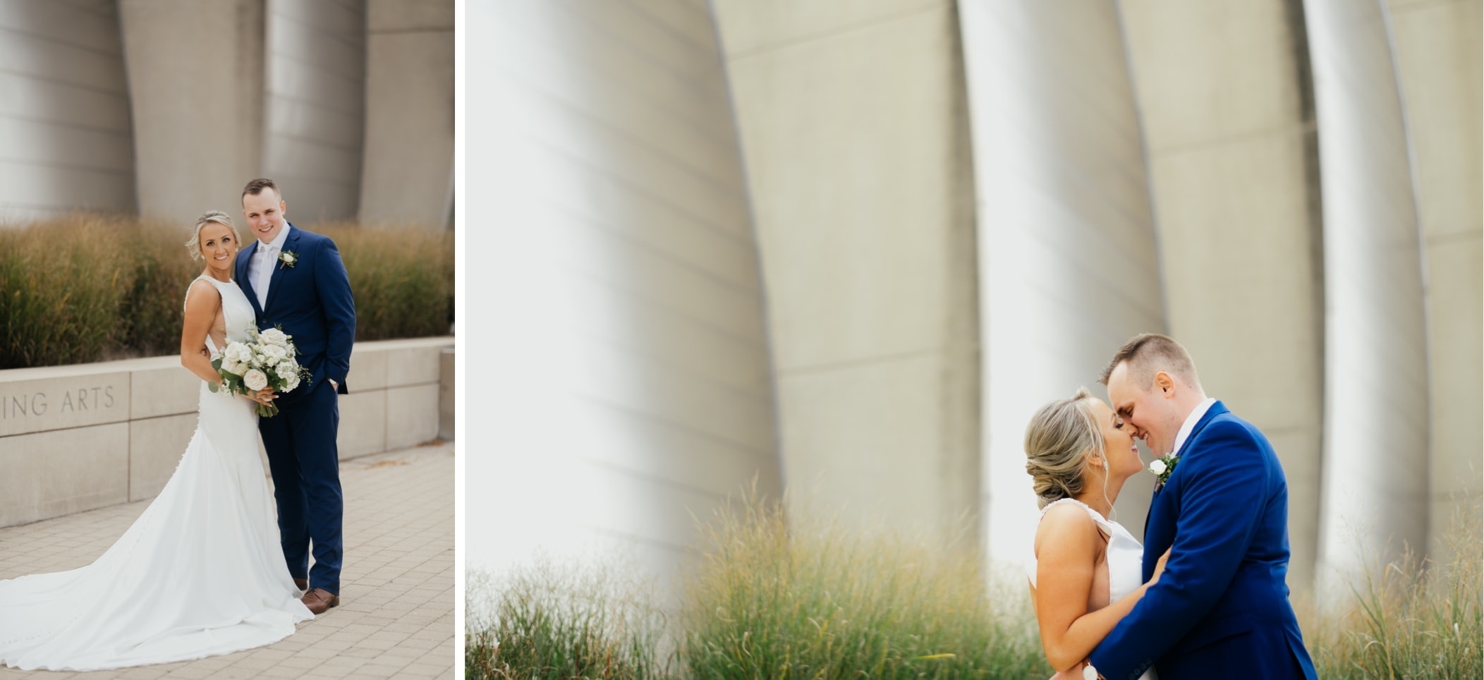 bride and groom at the kauffman center in kansas city