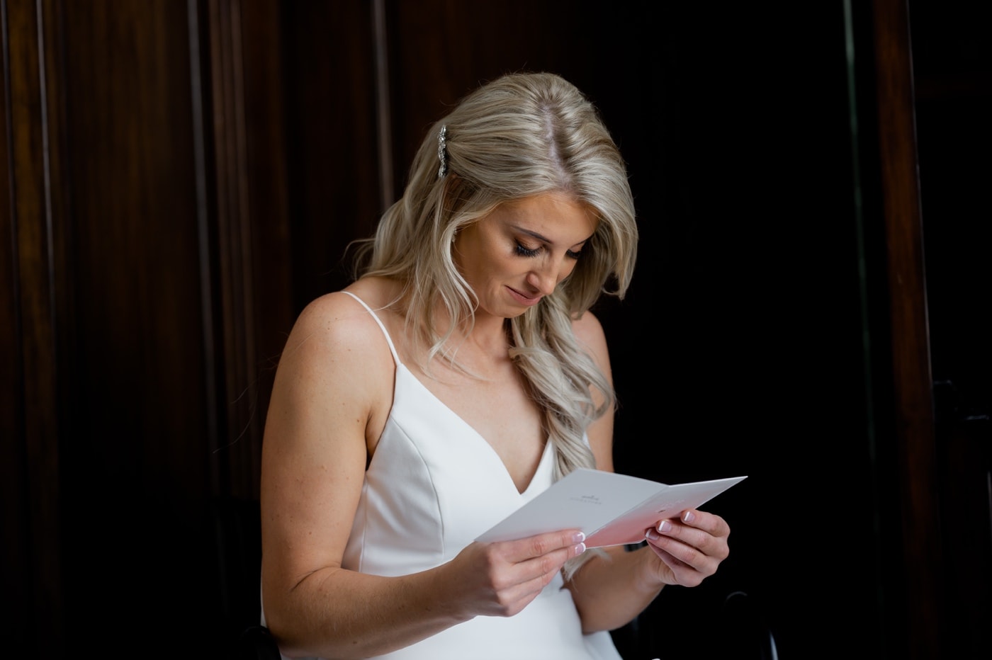 bride reading letter surety hotel wedding