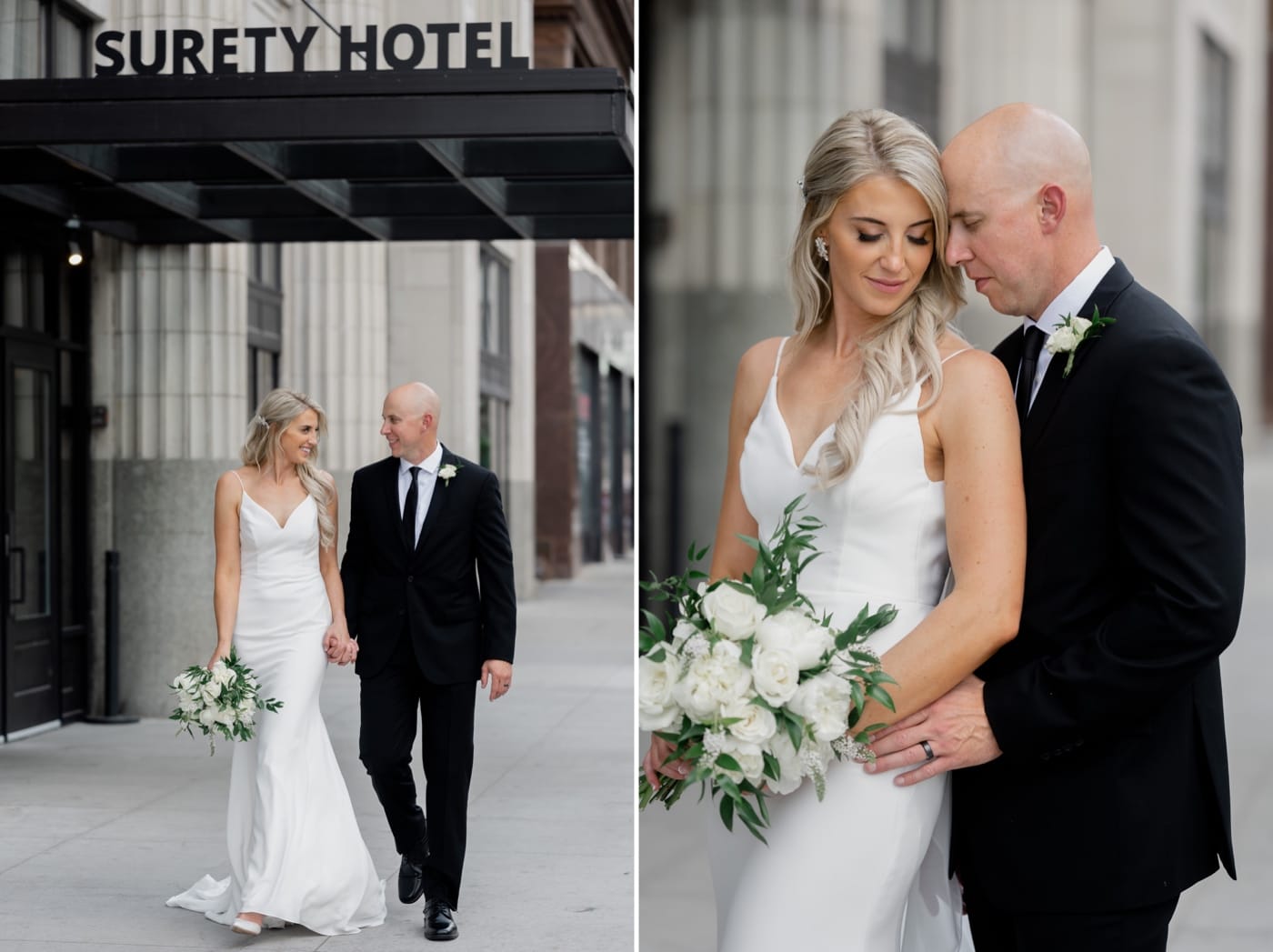 bride and groom portraits outside surety hotel
