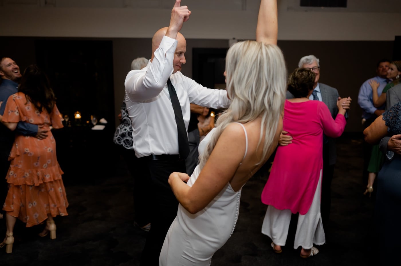bride and groom dancing at surety hotel wedding reception