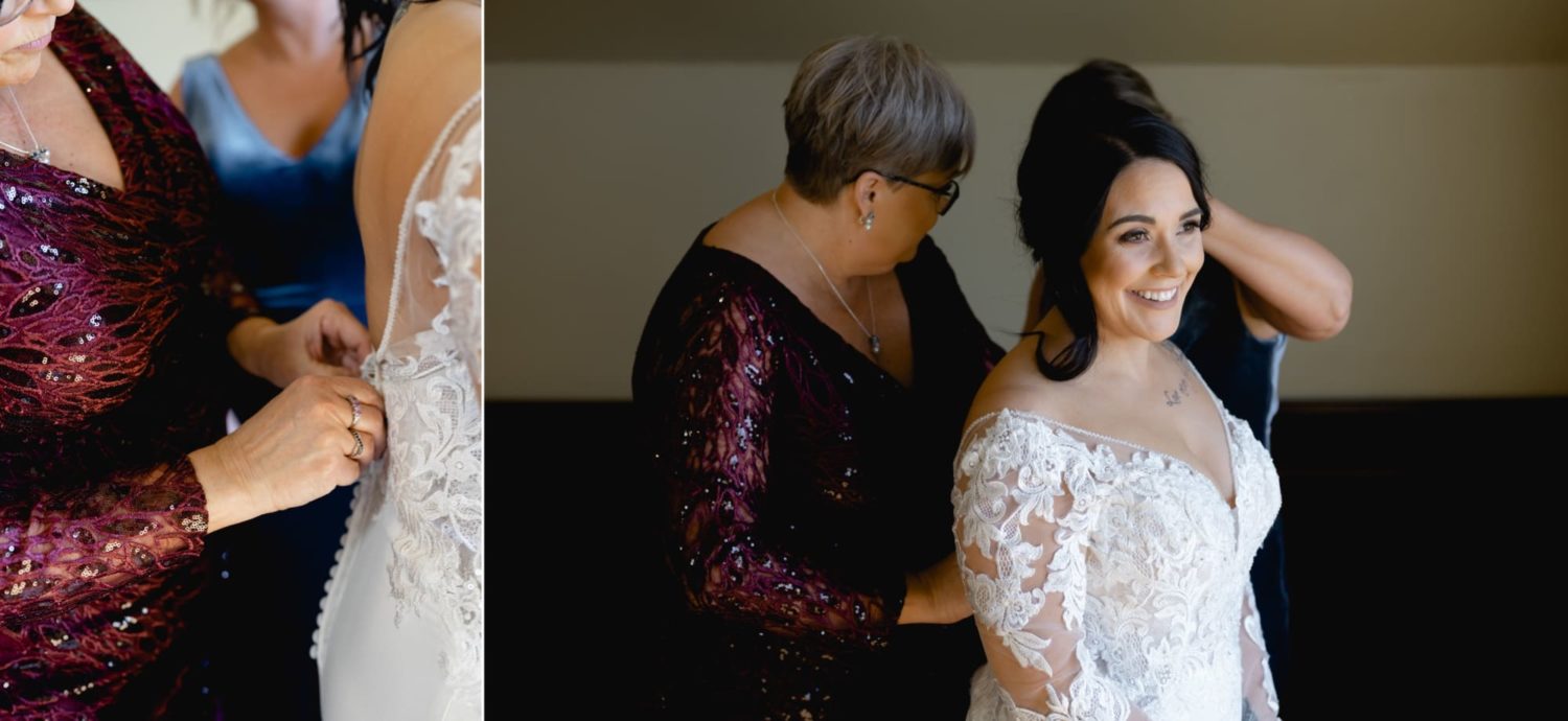 Mother and maid of honor helping bride in wedding dress at Glen Oaks country club Des Moines Iowa