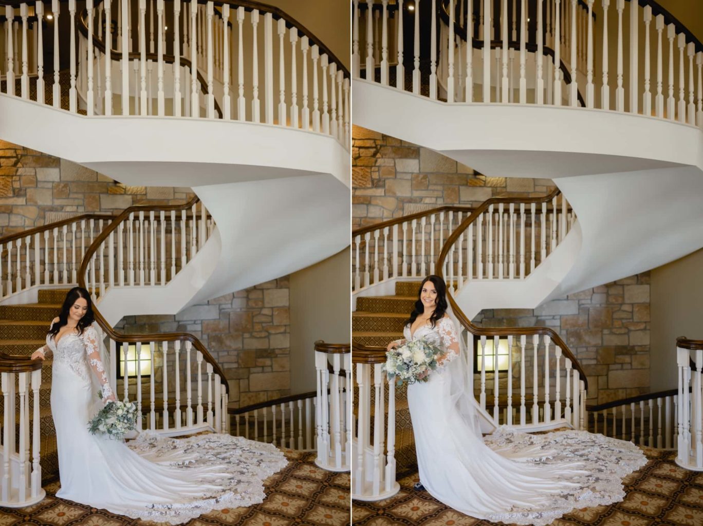 Bridal portrait by spiral staircase at Glen Oaks country club