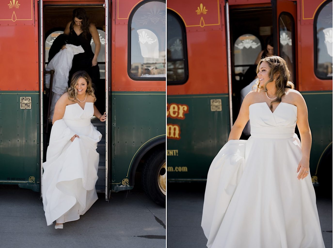 bride on trolley the river center des moines wedding