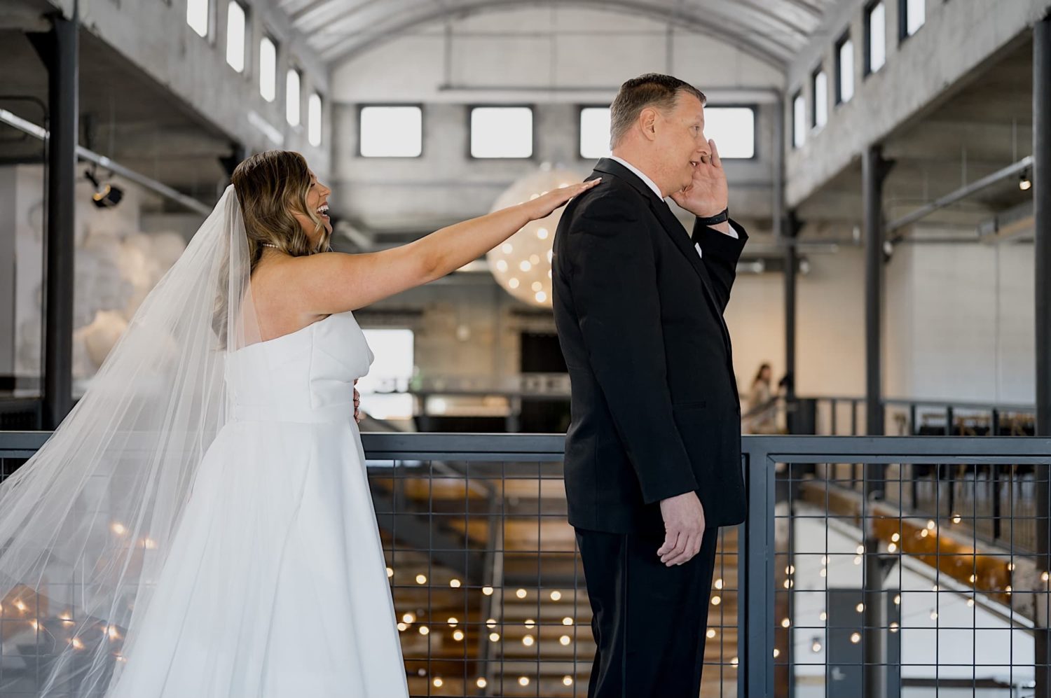 bride first look with father the river center des moines