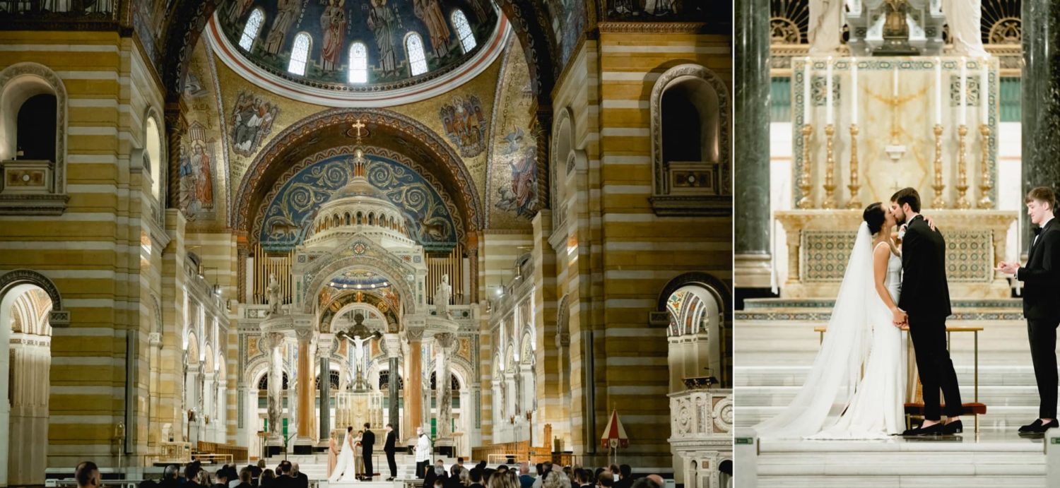 Bride and groom first kiss as they are announced husband and wife at the Cathedral Basilica of St. Louis