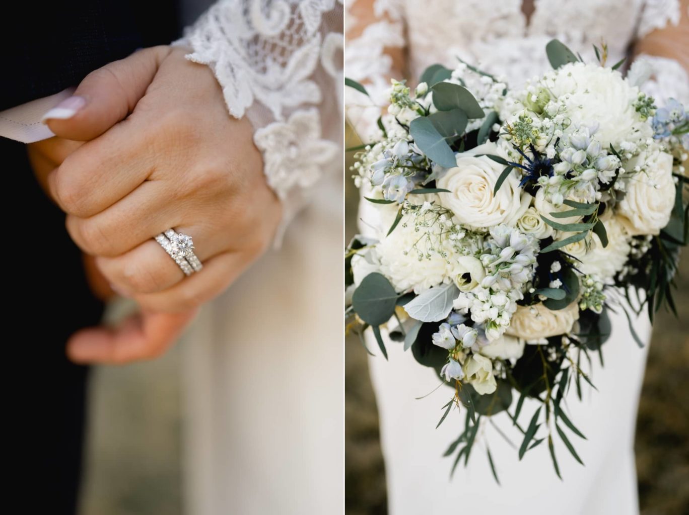 Beautiful wedding ring and bouquet bride and groom in Des Moines Iowa