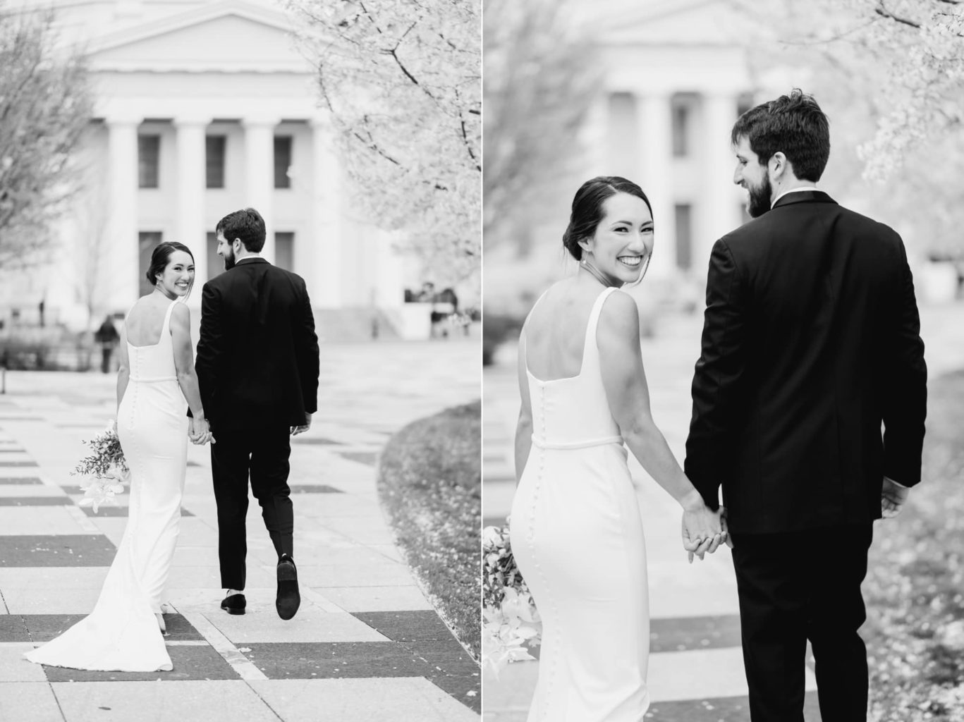 Bride smiling as her and Groom are walking away