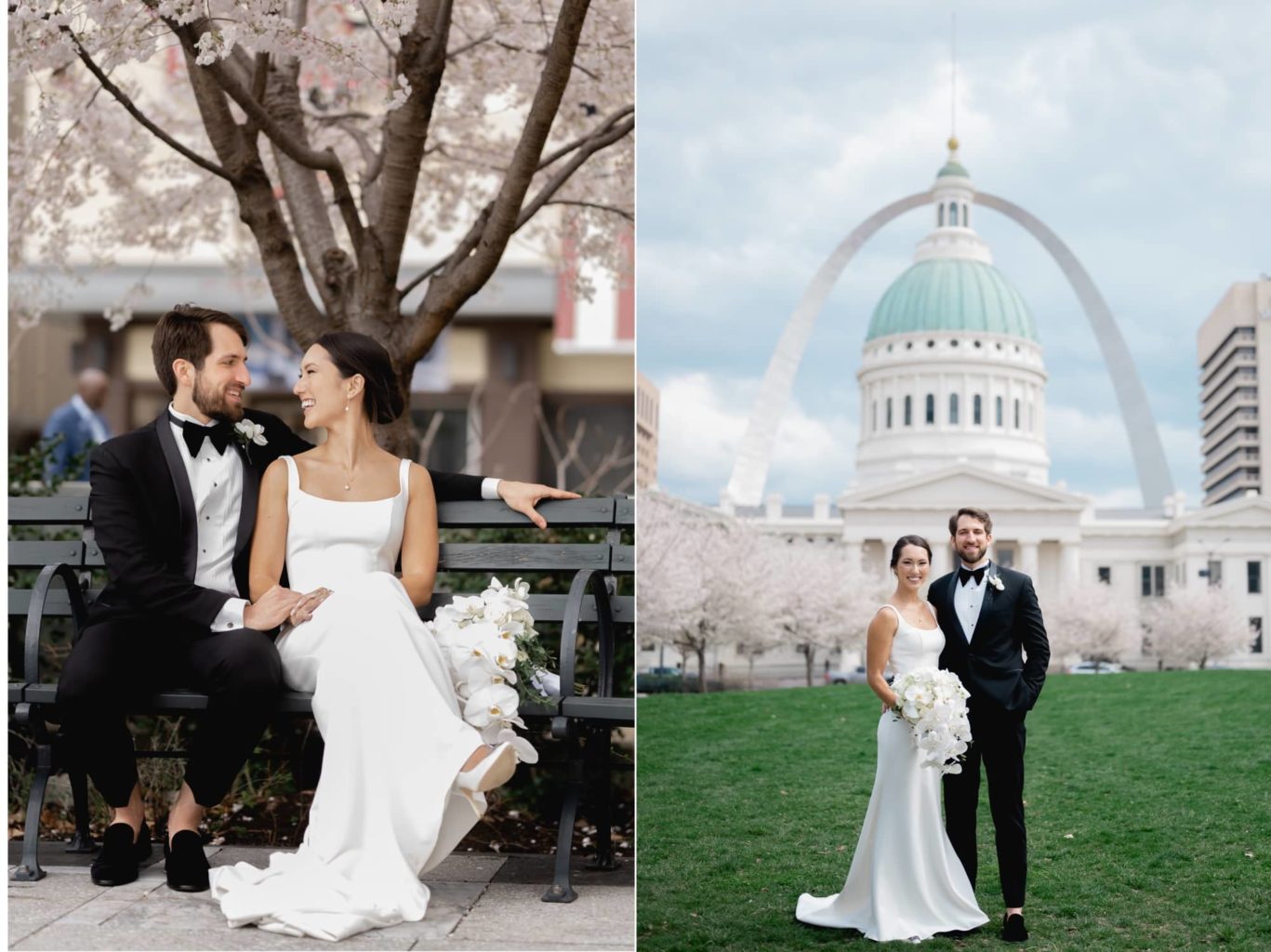 Wedding day portraits in front of the St. Louis old courthouse capital