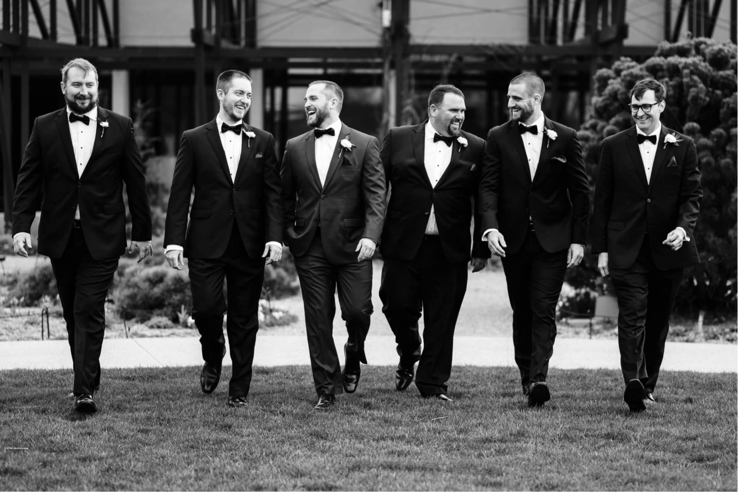 Groom and his groomsmen walk in and laughing at the Des Moines botanical Garden