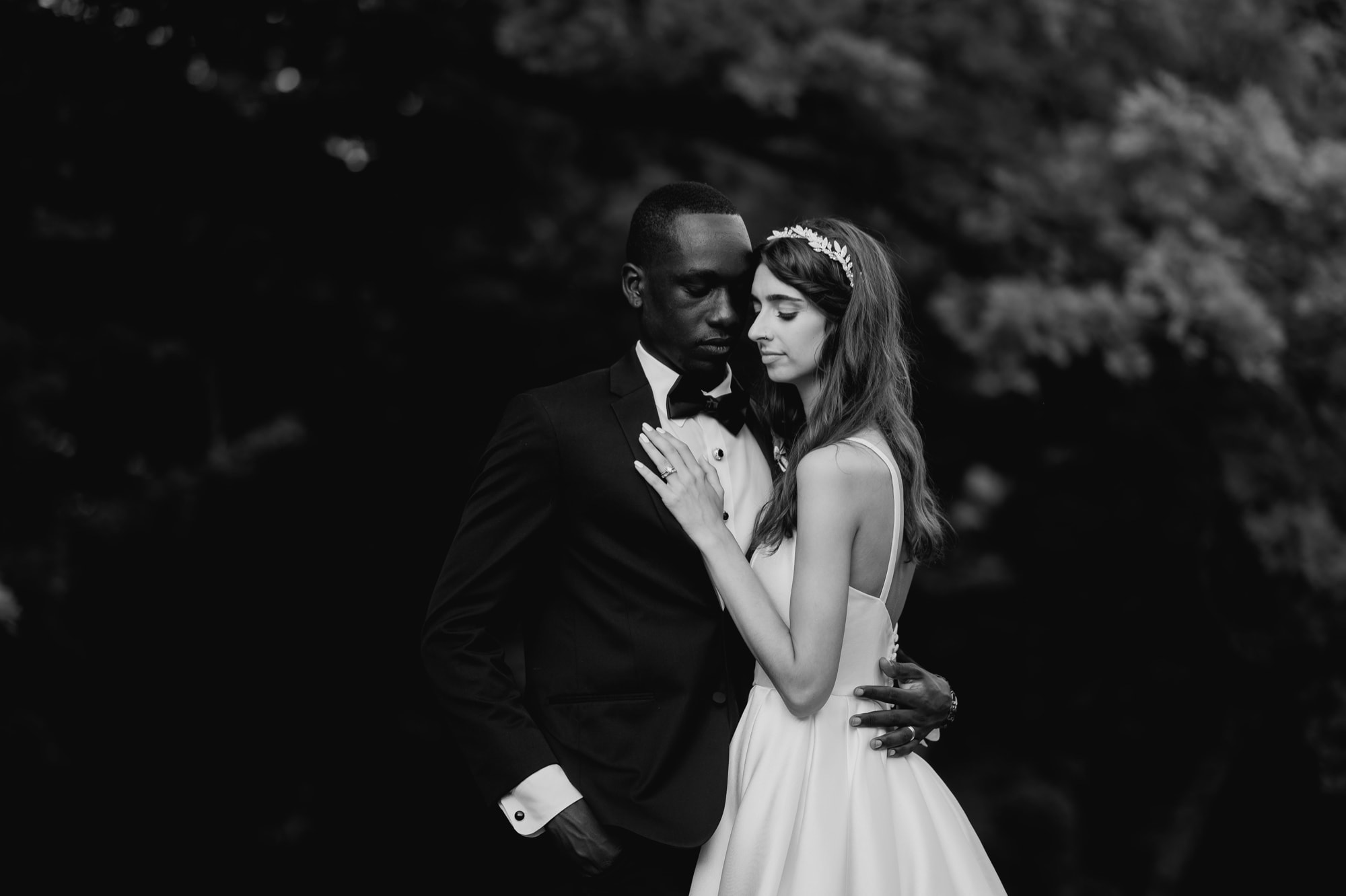 Romantic bride and groom portrait in black and white
