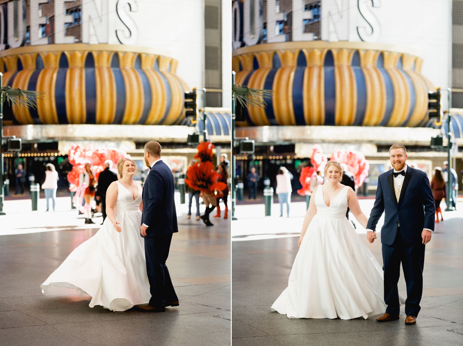 Bride and groom portraits in front of four queens on Fremont street