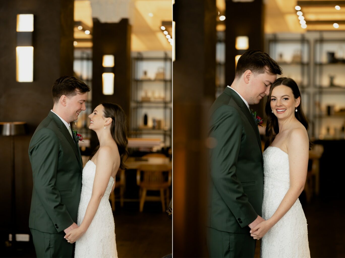 bride and groom portraits in the lobby of surety hotel