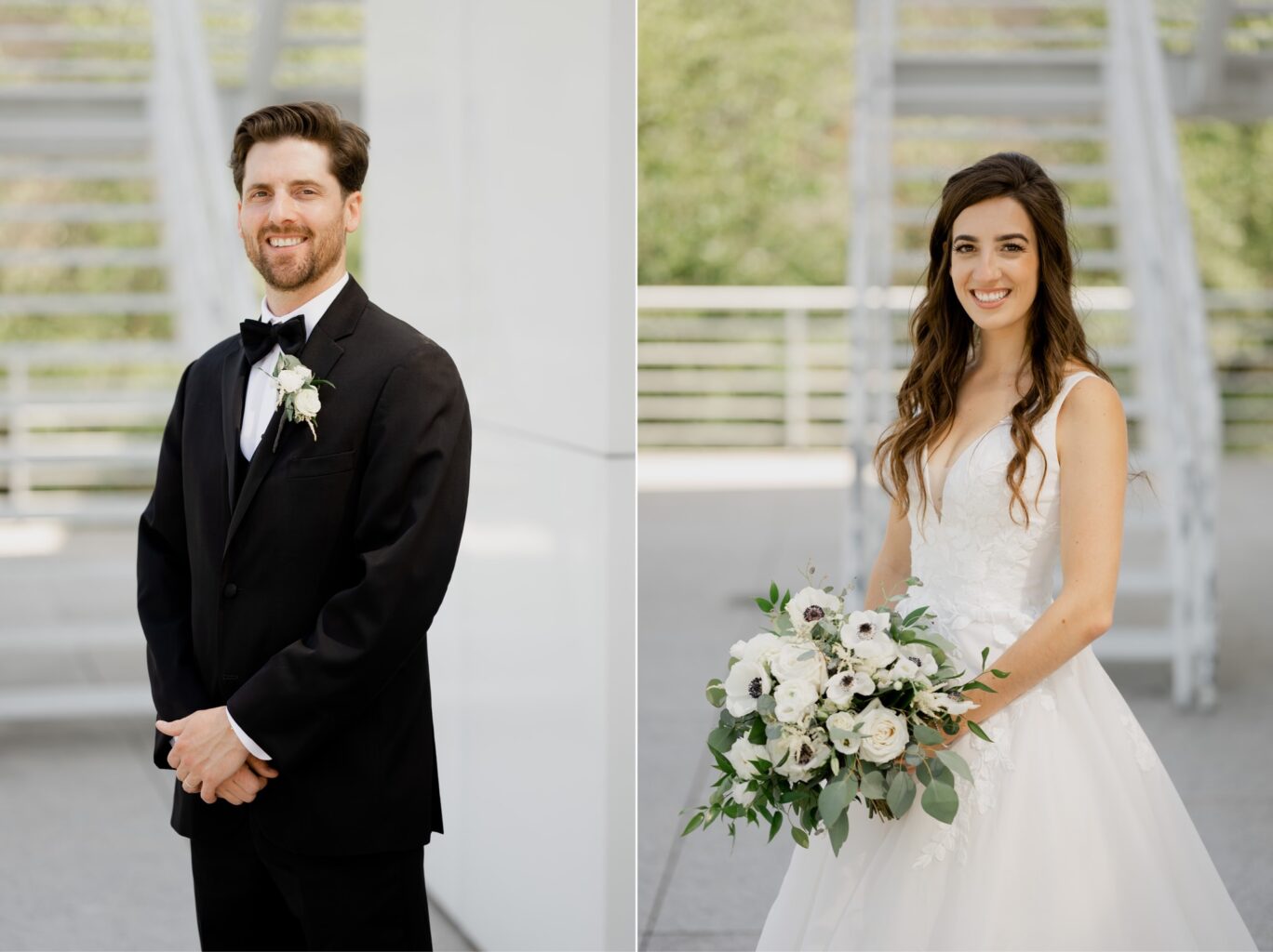 bride and groom portraits at des moines art center