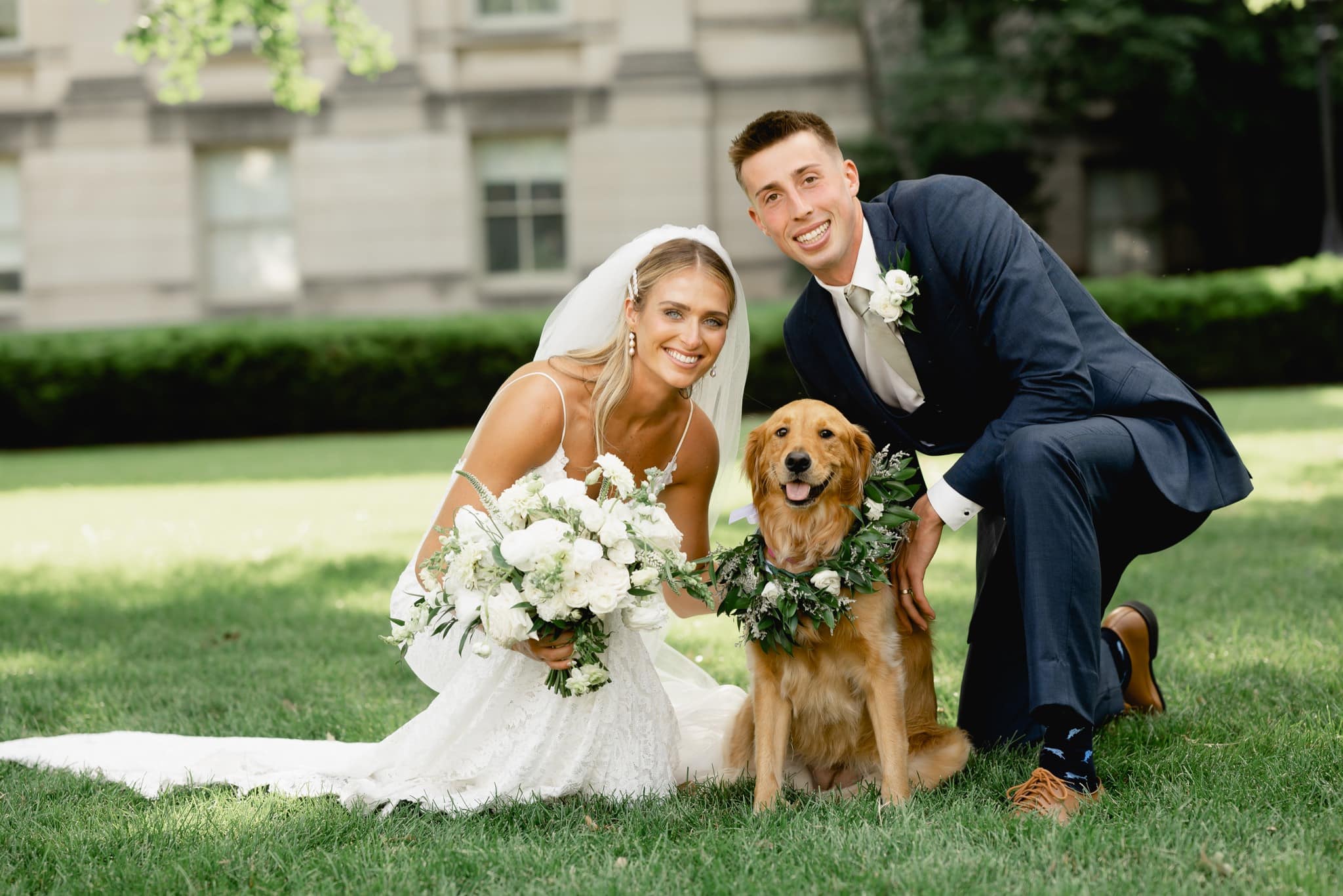 bride and groom portrait with their dog
