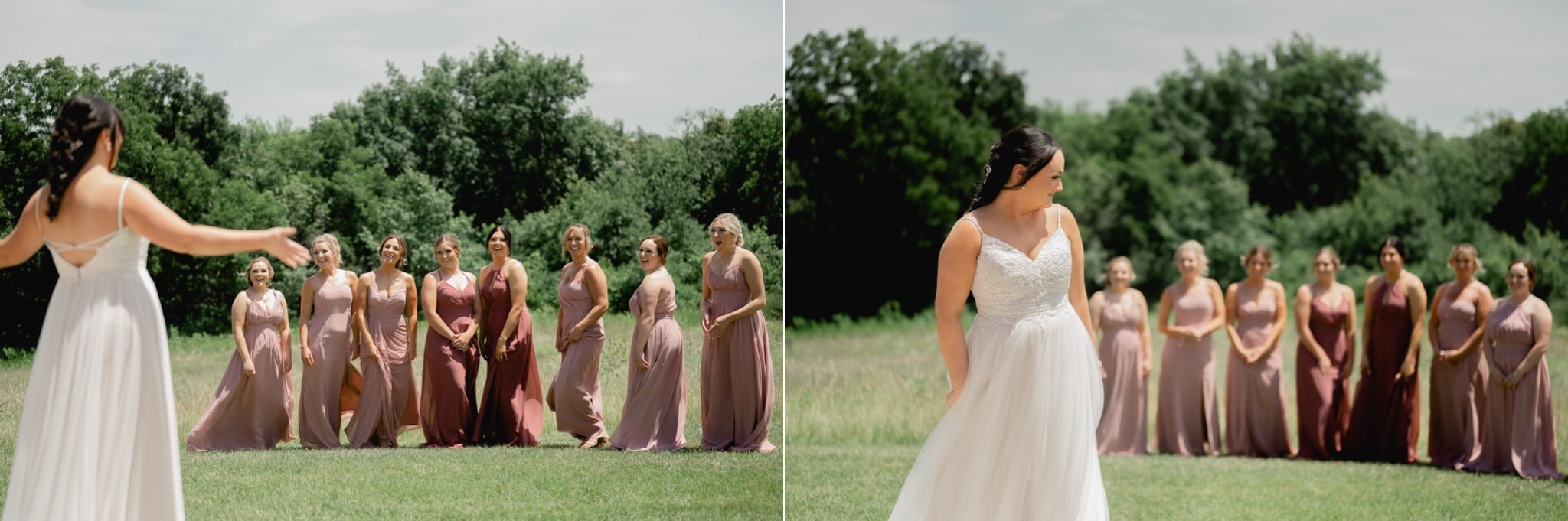 first look with bride and bridesmaids at red acre barn