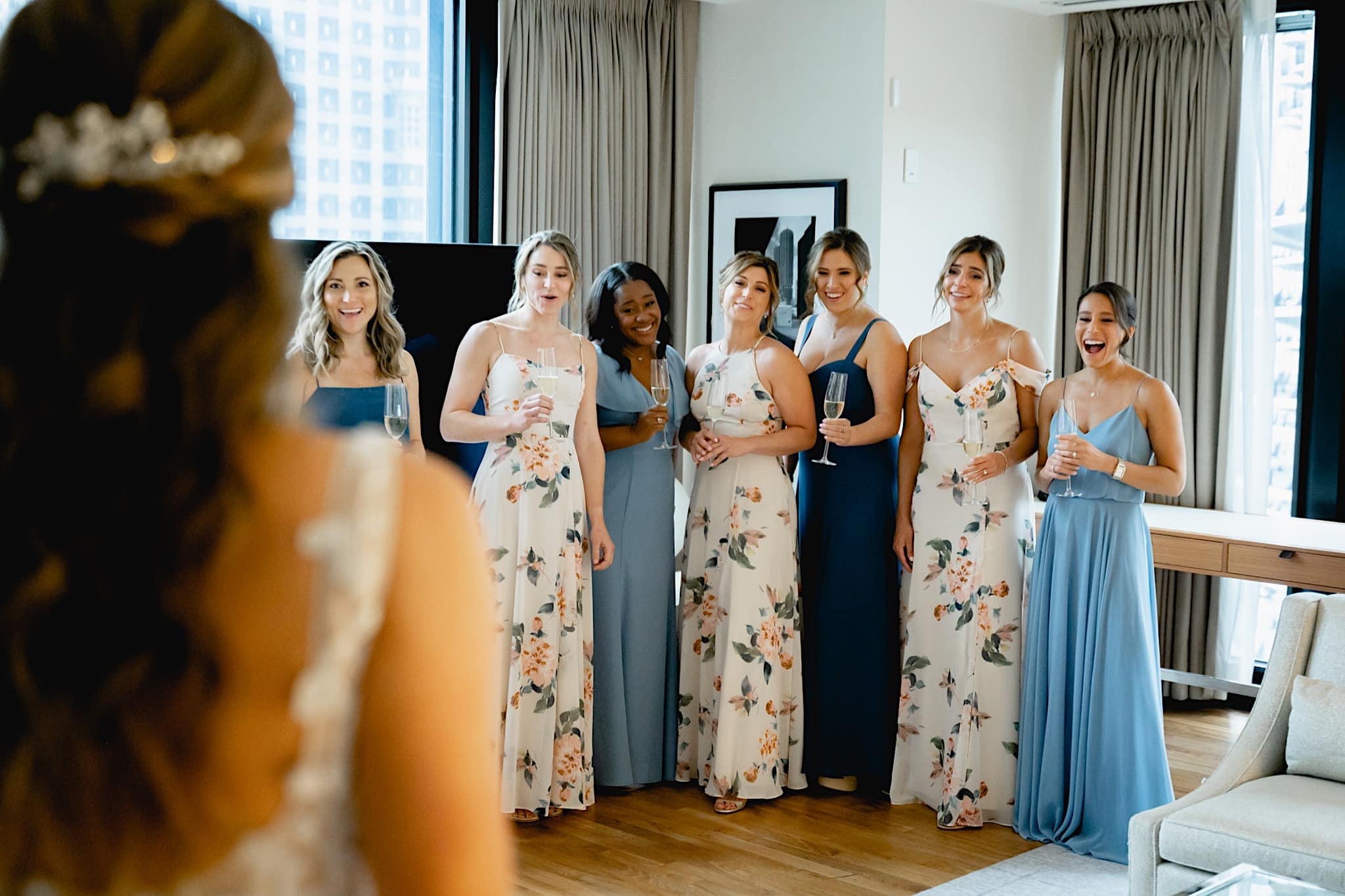 bride and bridesmaids getting ready at the Langham Chicago