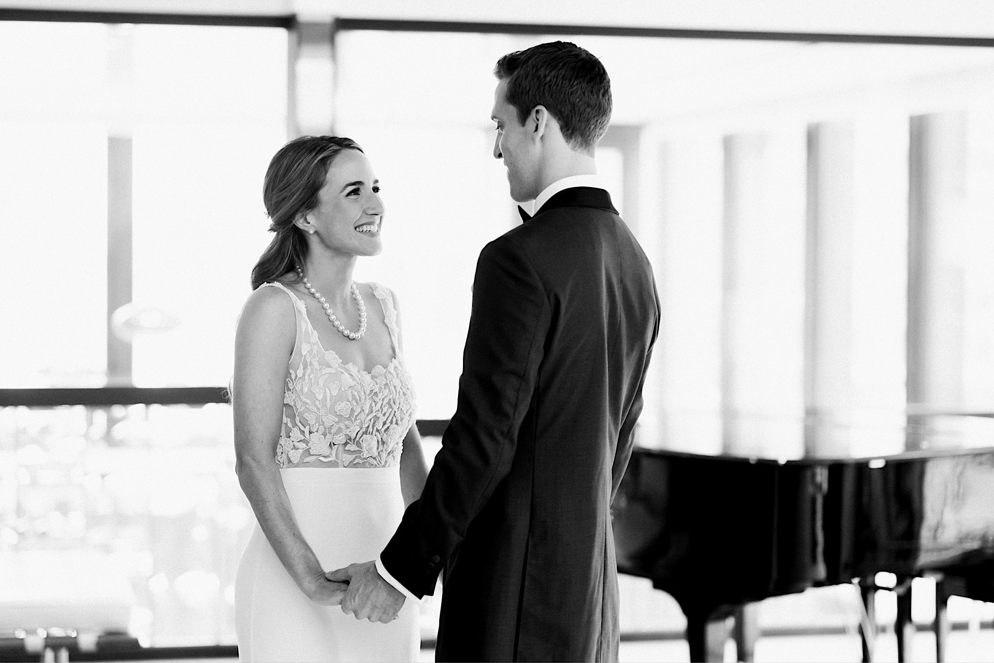 bride and groom first look at the Langham Chicago