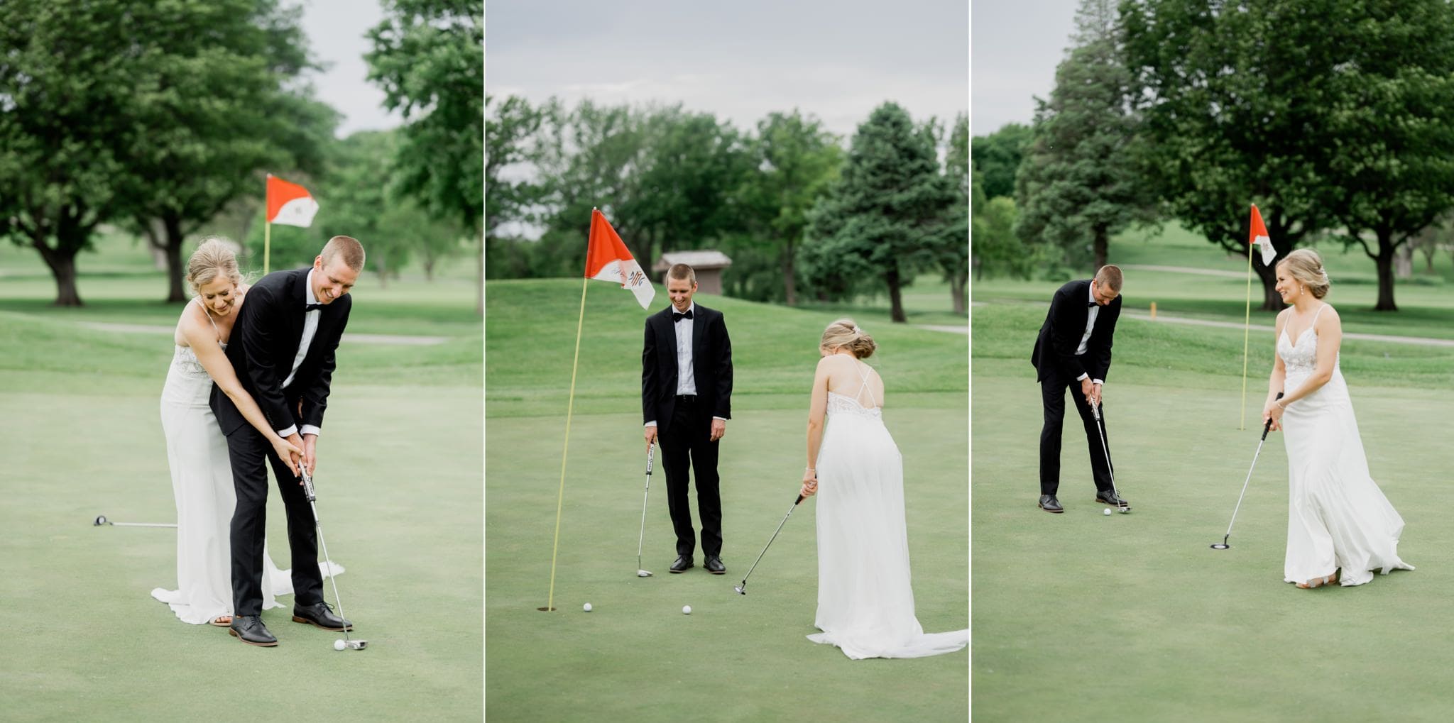 bride and groom playing golf on their wedding day