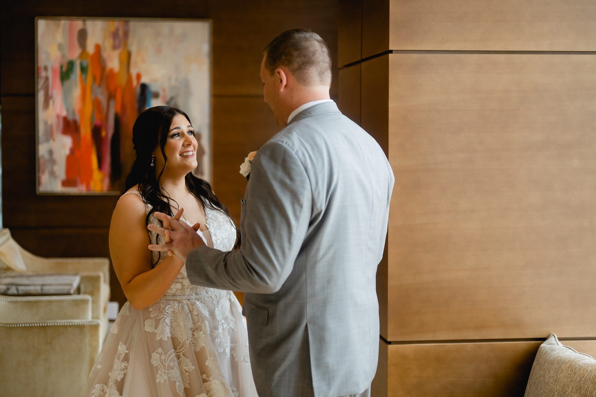 bride and groom first look ac hotel des moines iowa