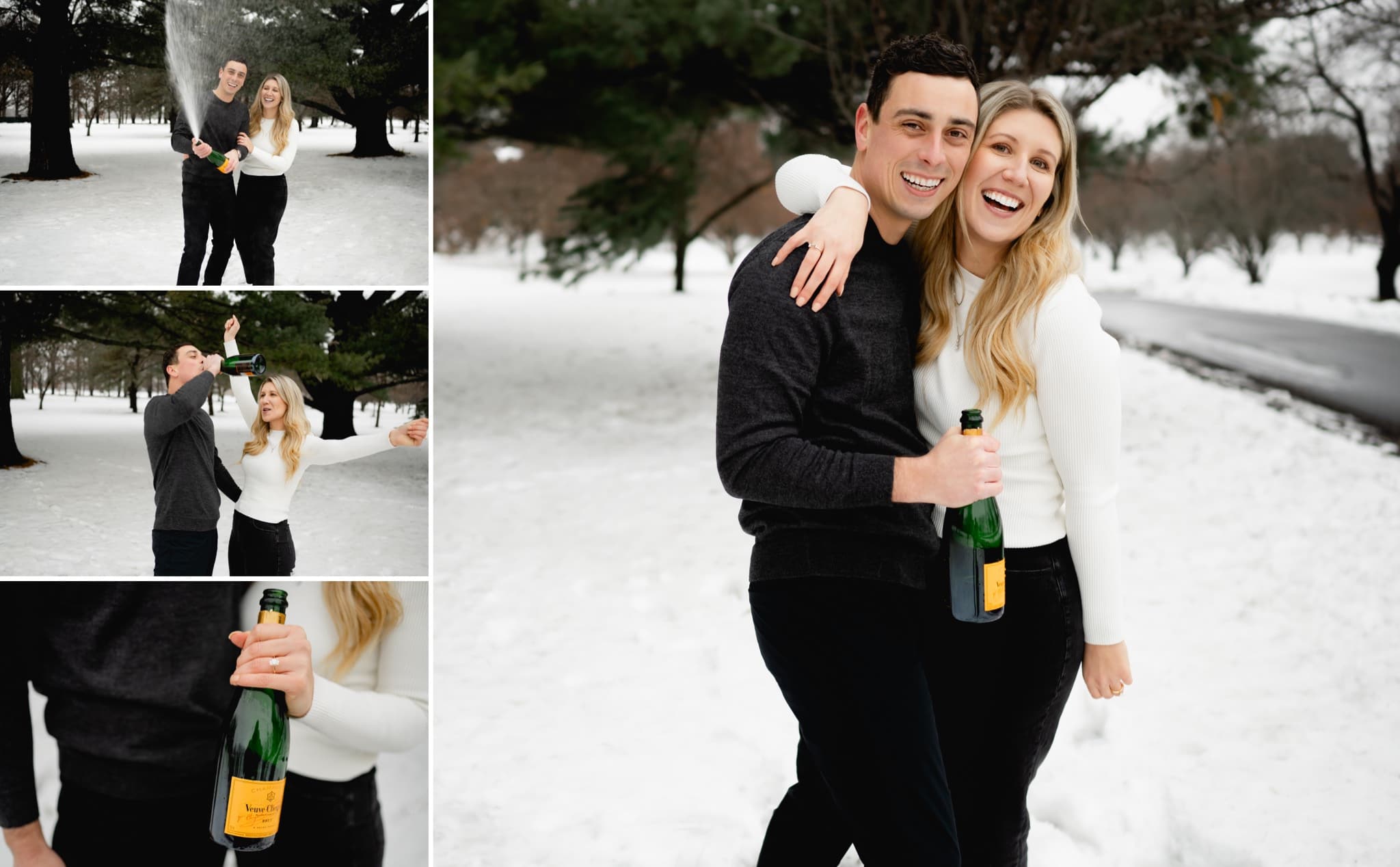 engagement session popping veuve clicquot champagne