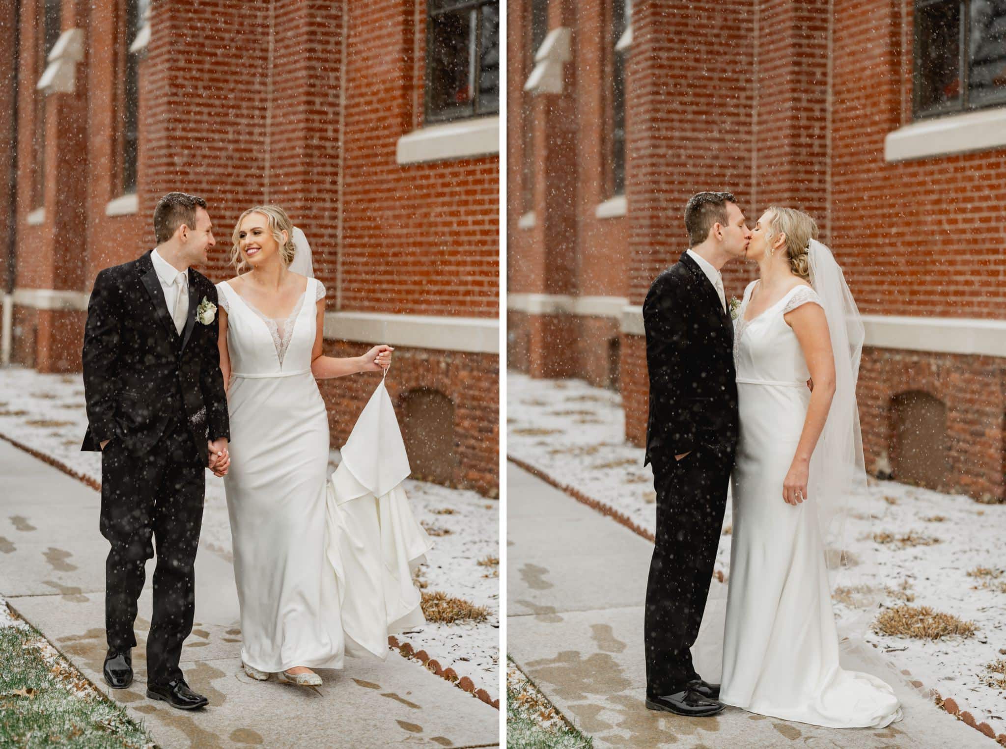 bride and groom in snow