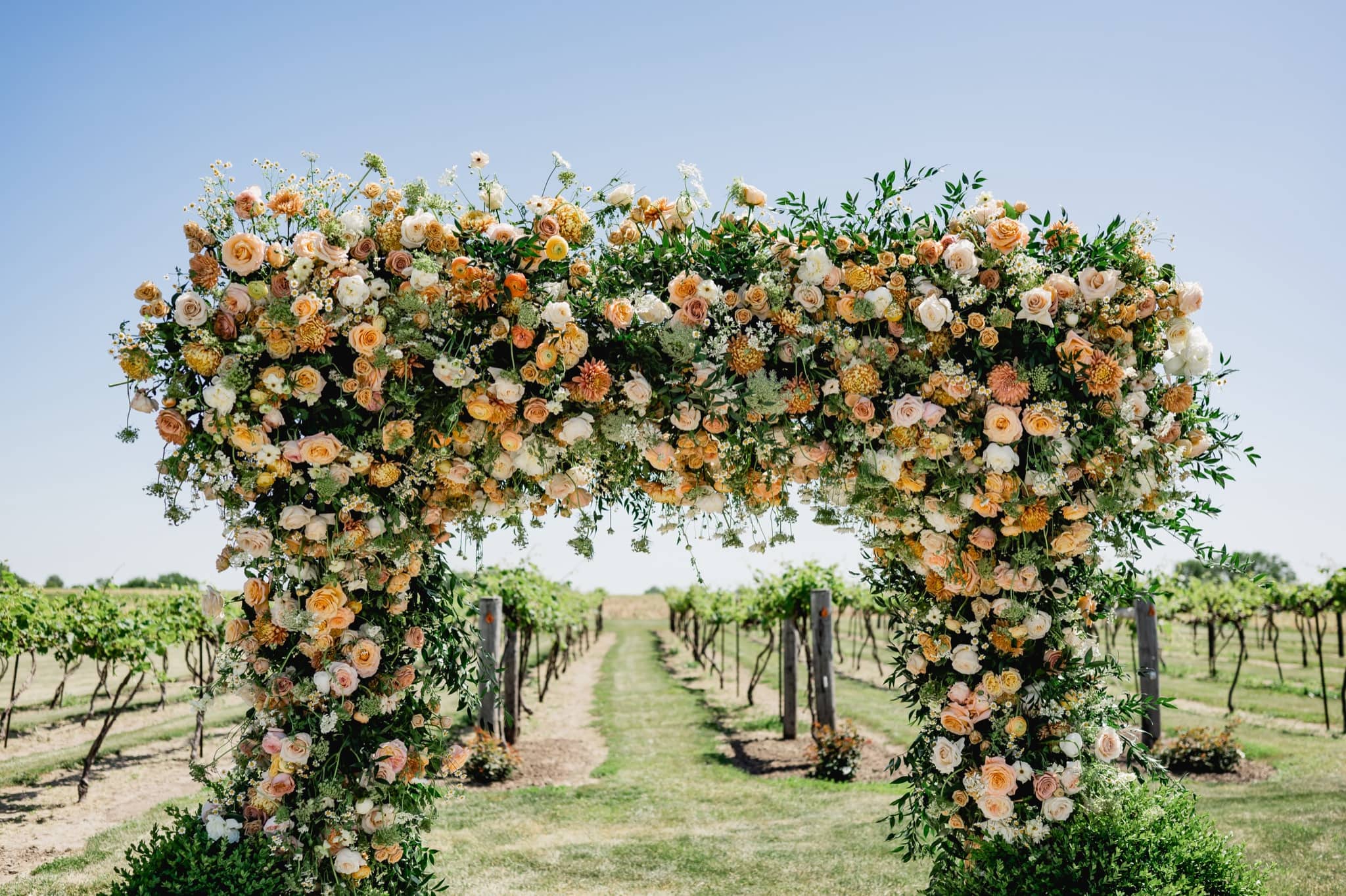 beautiful floral arch at harpors vineyard