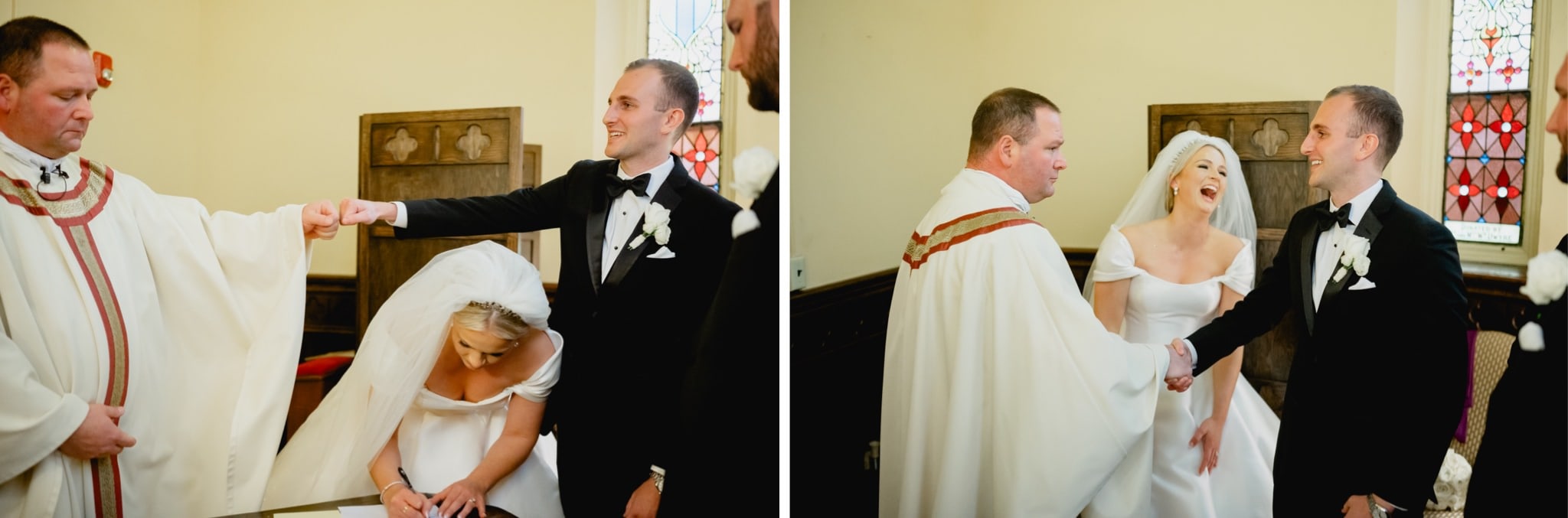 groom fist bumping priest