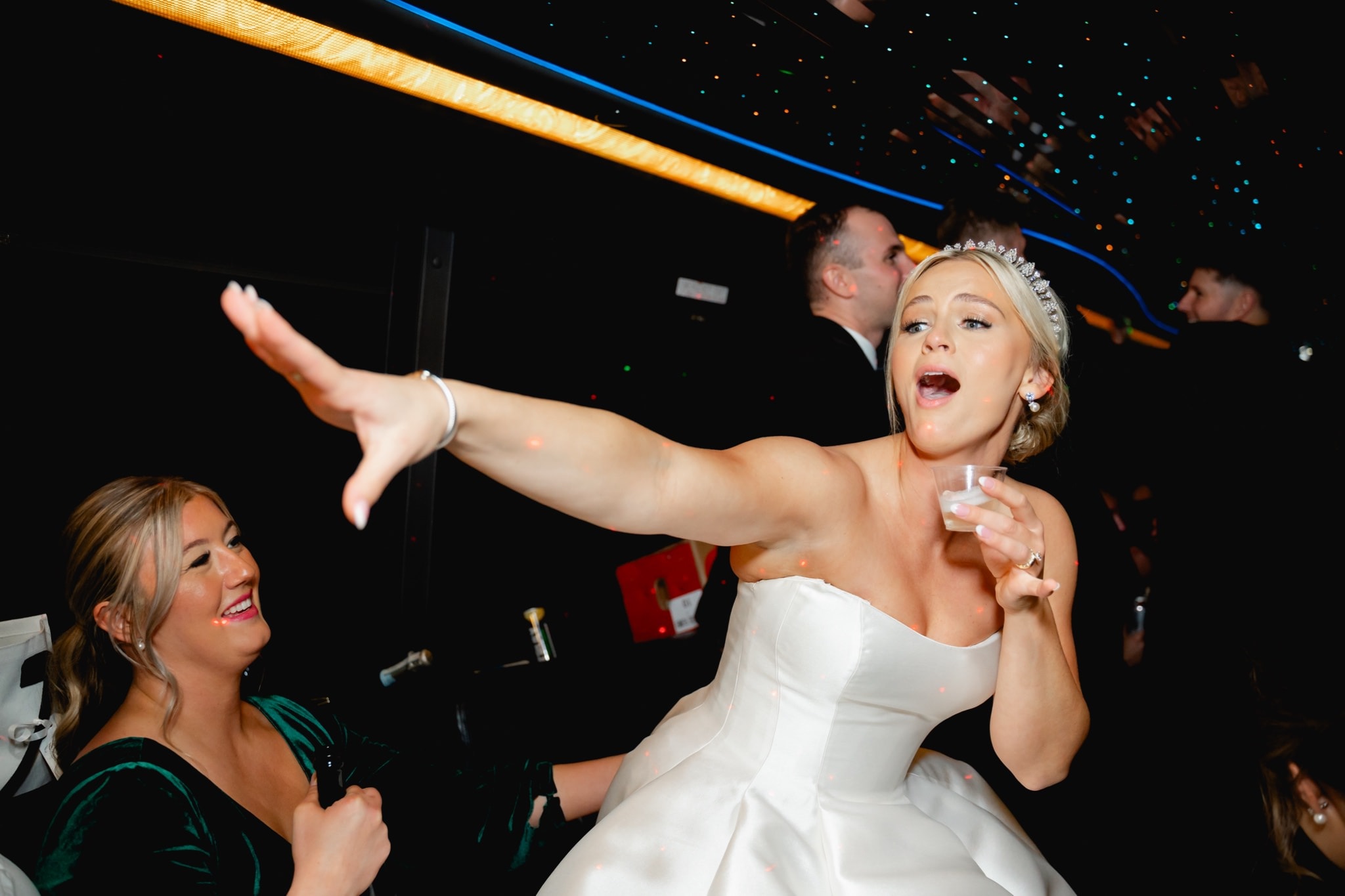 bride dancing on party bus