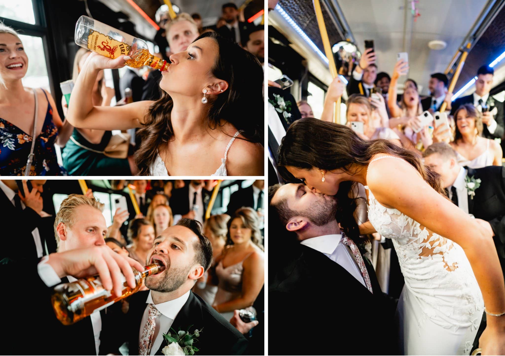 wedding party taking shots on the party bus