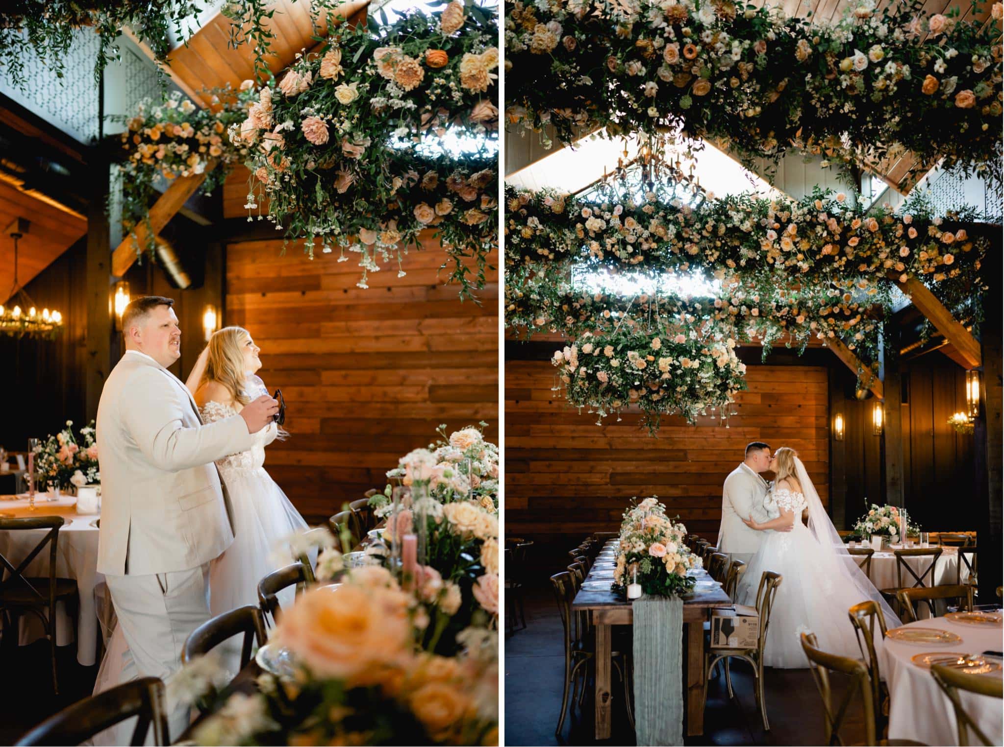 bride and groom kissing in reception space